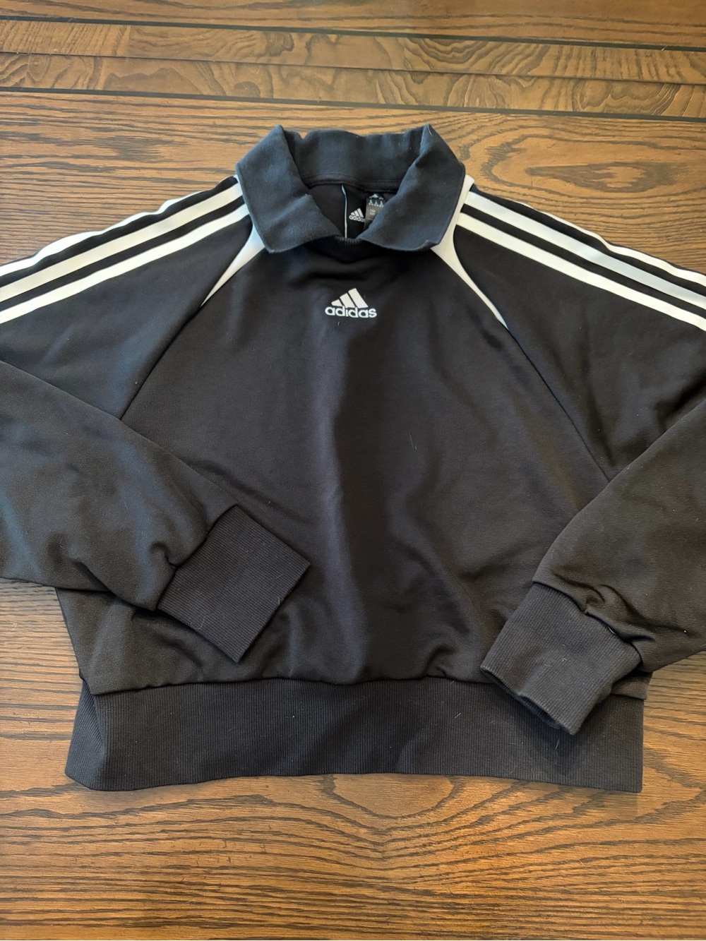 adidas Black Crop Sweatshirt with White Shoulder Stripes and Logo